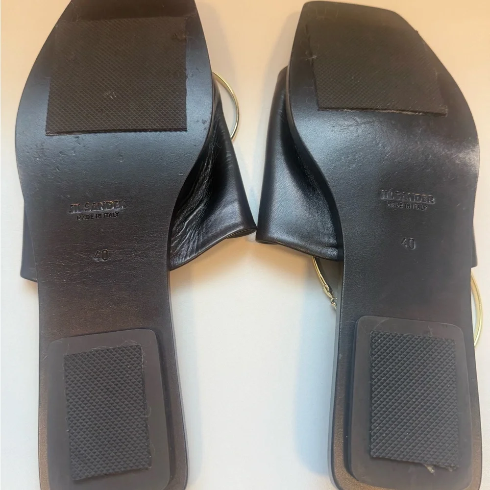 Jil Sander Black Leather Slides with Gold Rings - Picture 2 of 6